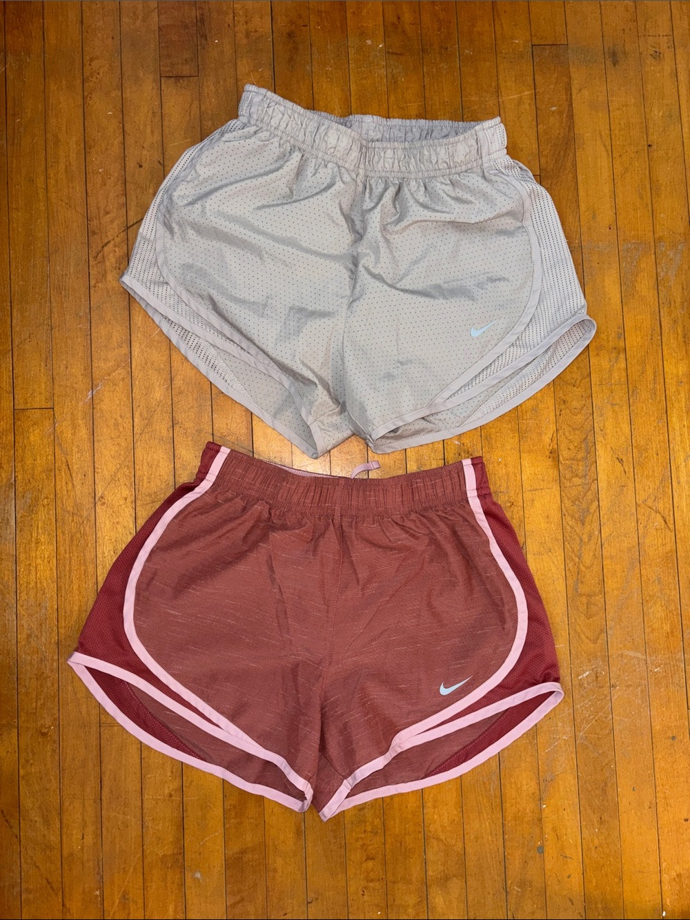 Nike Women’s Pink-Trim Maroon Running Shorts, cream shorts